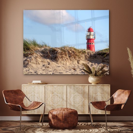 MuchoWow® Glasschilderij 160x120 cm - Schilderij acrylglas - Strand - Vuurtoren - Duin - Foto op glas - Muurdecoratie woonkamer - Wanddecoratie slaapkamer - Schilderijen