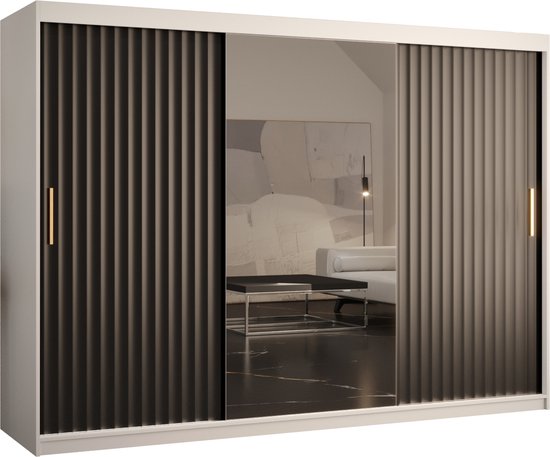 Zweefdeurkast met spiegel Kledingkast met 3 schuifdeuren Garderobekast slaapkamerkast Kledingstang met planken (LxHxP): 250x200x62 cm - Rikid W2 (Wit + Zwart, 250)