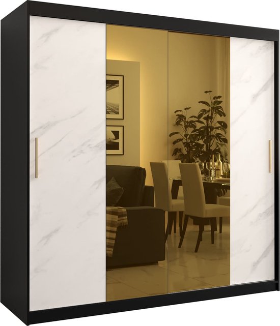 Zweefdeurkast met spiegel Kledingkast met 2 schuifdeuren Garderobekast slaapkamerkast Kledingstang met planken (LxHxP): 200x200x62 cm - Denlo T1 (Zwart + Wit, 200)
