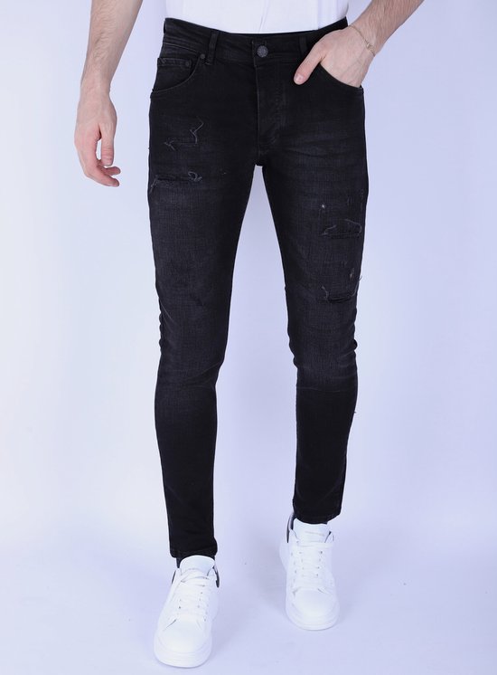 Jeans slim stretch pour homme avec trous - 1106 - Zwart