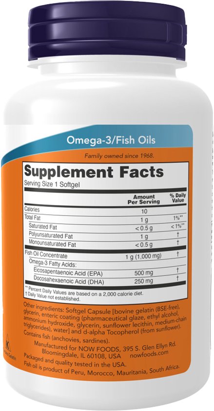 Supplement Facts voor NOW Omega-3 visolie softgels, met voedingswaarde-informatie.
