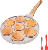 Pannenkoekenpan inductie, pannenkoekmaker met antiaanbaklaag 7 gaten met smileygezichten gebakken eierpan, voor kinderontbijt, 26 cm - wit
