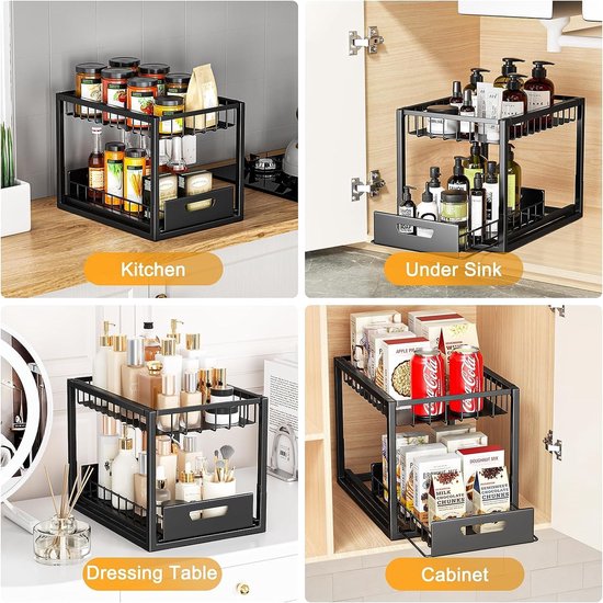 SUMAITech Onderwastafelrek metaal, 2-etalage onderkast, keukenkastorganizer, uittrekbare lade, keuken, badkamer, onder de gootsteen, zwart SUMAITech Onderwastafelrek metaal, 2-etalage onderkast, keukenkastorganizer, uittrekbare lade, keuken, badkamer, onder de gootsteen, zwart