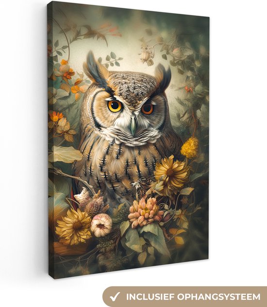Canvas Schilderij Uil - Vogels - Bloemen - Natuur - 40x60 cm - Wanddecoratie