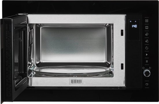 Zwarte Beko inbouwmagnetron met open deur, interieur van roestvrij staal en digitaal display.