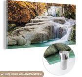MuchoWow® Glasschilderij 160x80 cm - Schilderij acrylglas - Bos - Waterval - Water - Herfst - Foto op glas - Schilderijen