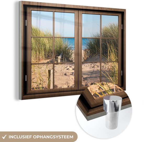 MuchoWow® Glasschilderij - Doorkijk - Strand - Gras - Acrylglas Schilderijen - Foto op Glas
