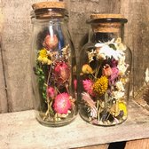 Fleurige droogbloemen in 2 verschillende flesjes met een kurk | fles | cadeau | interieur | droogbloemen | decoratie | vaas | droogbloemen in fles | boeket | bloemstuk | fleurig | kleurrijk | woondecoratie | kleurig