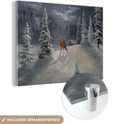 MuchoWow® Glasschilderij 40x30 cm - Schilderij acrylglas - Kabouter - Hert - Sneeuw - Foto op glas - Schilderijen