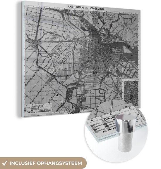 Plan de la ville historique en Zwart et blanc d' Amsterdam et ses environs en Hollande-Septentrionale Plexiglas - Plan d'étage 160x120 cm - Tirage photo sur Glas (décoration murale en plexiglas) XXL / Groot format!