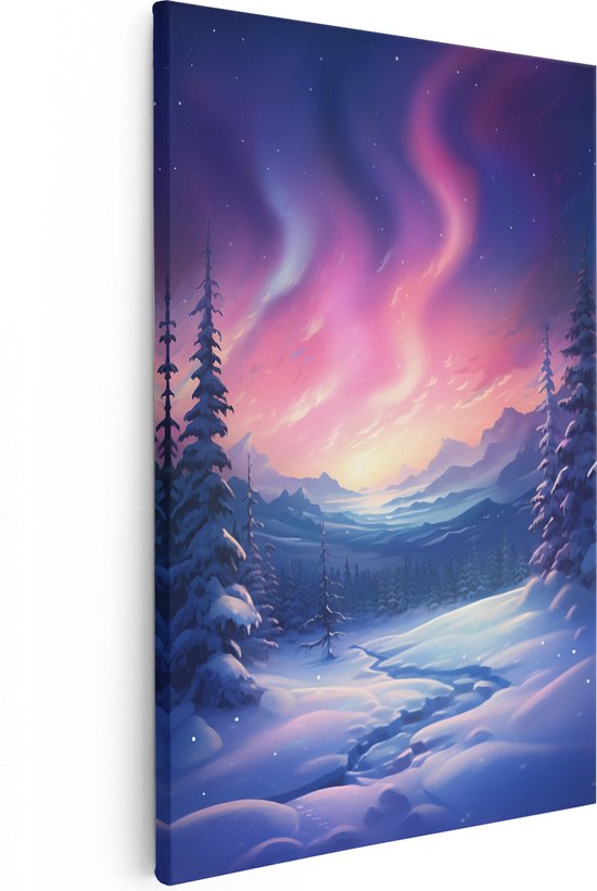 Artaza Canvas Schilderij Winter Landschap met het Poollicht - 20x30 - Klein - Foto Op Canvas - Canvas Print