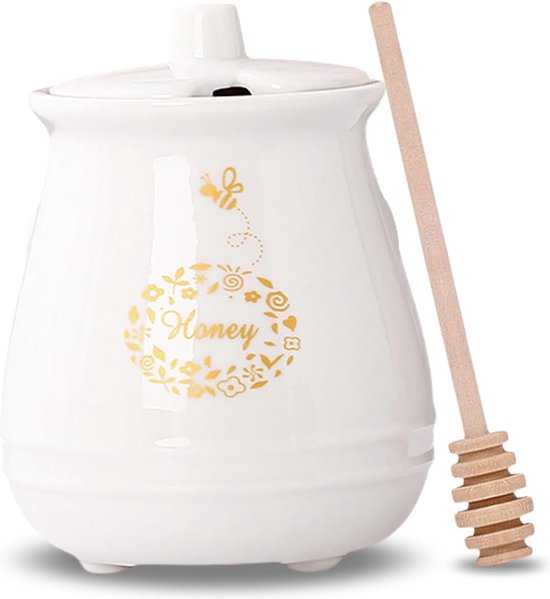 Mini Pot à Miel Porcelaine 300ml Avec Cuillère Bois - Récipient Céramique Ruche