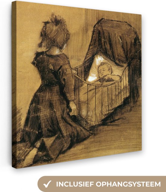Canvas Schilderij Meisje geknield bij een wieg - Vincent van Gogh - 90x90 cm - Wanddecoratie