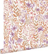 ESTAhome papier peint fleurs des champs lilas violet et terre cuite - 139672 - 0,53 x 10,05 m