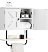 Badkamerkast van hout, hangkast met deuren en planken en handdoekhouder, medicijnkast, wandkast voor badkamer, keuken, slaapkamer (wit)