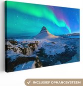 Canvas Schilderij Noorderlicht - Berg - IJsland - 90x60 cm - Wanddecoratie