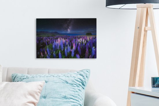 Champ de fleurs avec des lupins violets et bleus la nuit au lac Tekapo en Nouvelle-Zélande 30x20 cm - petit - Tirage photo sur toile (Décoration murale salon / chambre) / Peintures Fleurs sur toile