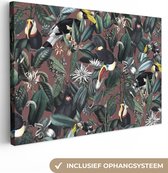 Toile Peinture Fleurs - Toucan - Feuilles - 90x60 cm - Décoration murale