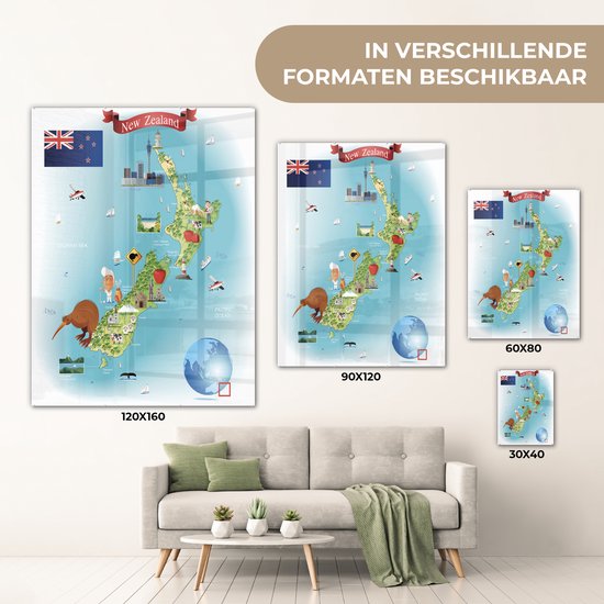 la carte de la Nouvelle-Zélande en plexiglas style cartoon 30x40 cm - Tirage photo sur Glas (Décoration murale en plexiglas) / Mer et Plage