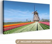 Canvas - Molen - Tulpen - Nederland - Landschap - Woonkamer - 80x40 cm - Canvas schilderij - Wanddecoratie