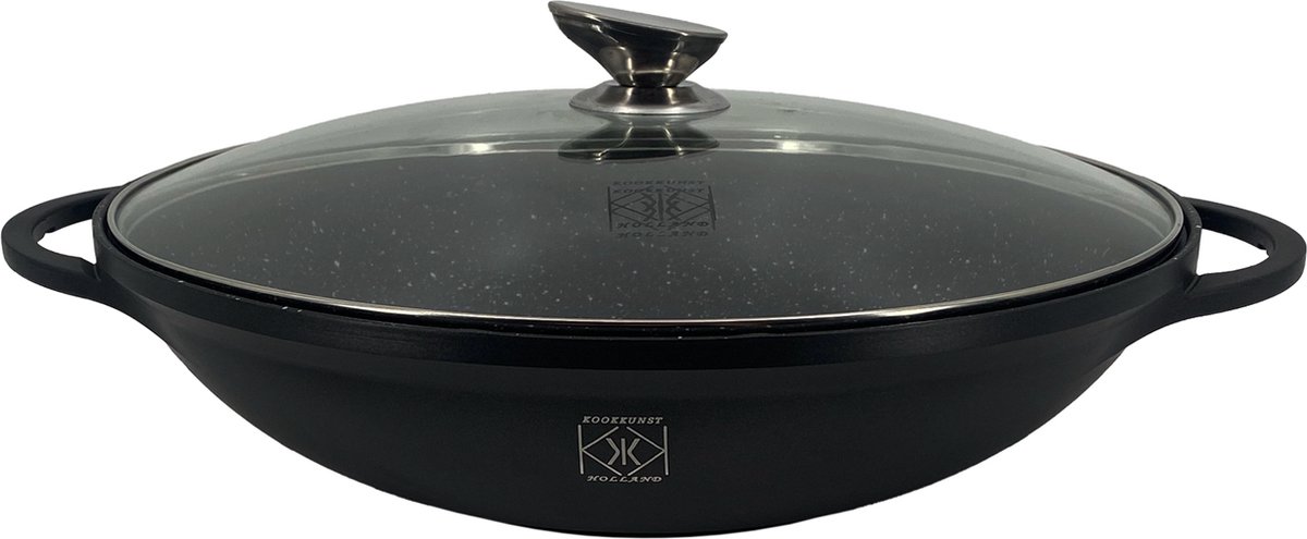 Kookkunst Holland wokpan met glazen deksel ? 32 cm - inductie - PFOA vrij