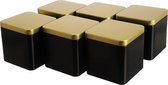 6 x elegante hoekige theedoos/voorraaddoos, zwart-goud, aromadicht van metaal voor elk 150 g thee | 9 x 9 x 9 cm (H,B, D) | ook ideaal als kruidenpotje