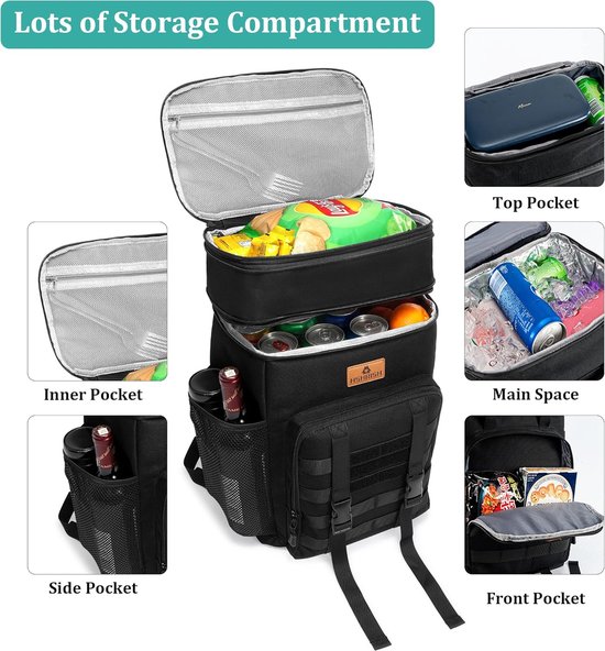 Koelrugzak, picknicktas, uitbreidbaar, waterdicht, lekvrij, koeltas, geïsoleerd, grote koeltas voor mannen en vrouwen, wandelen, reizen, camping, strand, picknick, BBQ, 30 l, zwart van KOEL — afbeelding 4
