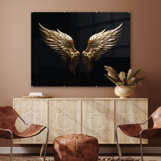 MuchoWow® Glasschilderij 120x90 cm - Schilderij acrylglas - Vleugels - Engel - Goud - Zwart - Abstract - Foto op glas - Muurdecoratie woonkamer - Wanddecoratie slaapkamer - Schilderijen