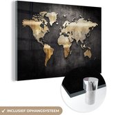 MuchoWow® Glasschilderij 120x80 cm - Schilderij glas - Wereldkaart - Goud - Zwart - Foto op acrylglas - Muurdecoratie woonkamer - Wanddecoratie slaapkamer - Schilderijen