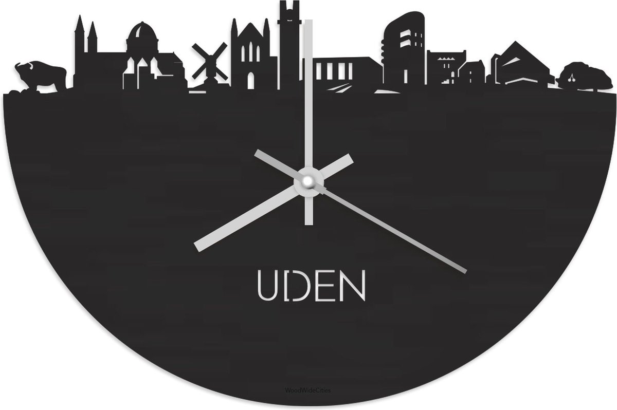 Skyline Klok Uden Zwart hout - Ø 40 cm - Stil uurwerk - Wanddecoratie - Meer steden beschikbaar - Woonkamer idee - Woondecoratie - City Art - Steden kunst - Cadeau voor hem - Cadeau voor haar - Jubileum - Trouwerij - Housewarming - WoodWideCities