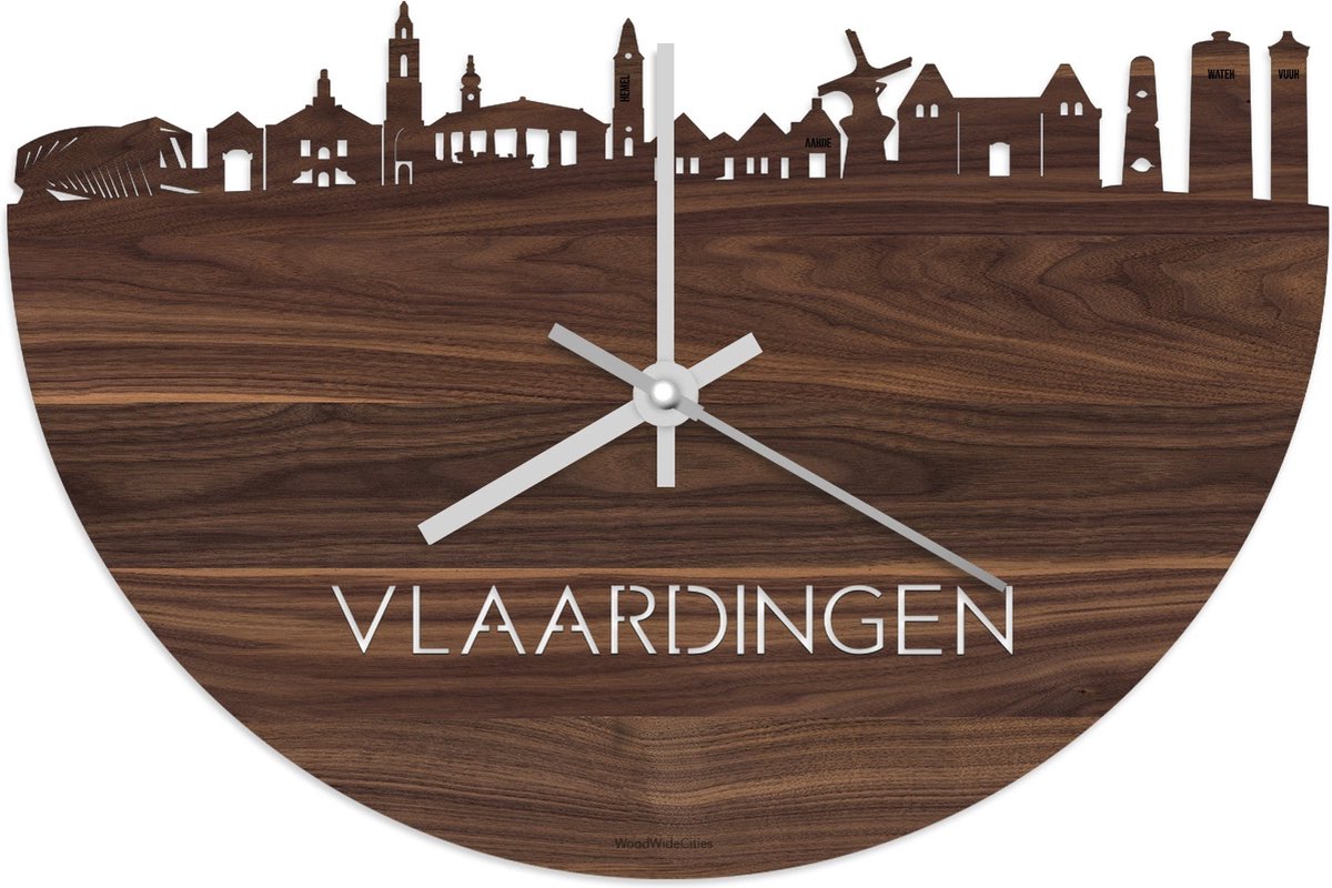 Skyline Klok Vlaardingen Notenhout - Ø 40 cm - Stil uurwerk - Wanddecoratie - Meer steden beschikbaar - Woonkamer idee - Woondecoratie - City Art - Steden kunst - Cadeau voor hem - Cadeau voor haar - Jubileum - Trouwerij - Housewarming -