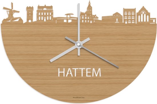 Skyline Klok Hattem Bamboe hout - Ø 40 cm - Stil uurwerk - Wanddecoratie - Meer steden beschikbaar - Woonkamer idee - Woondecoratie - City Art - Steden kunst - Cadeau voor hem - Cadeau voor haar - Jubileum - Trouwerij - Housewarming - WoodWideCities