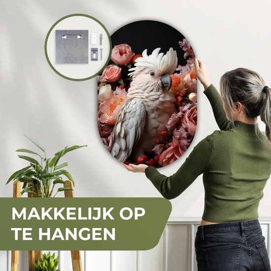 Mur ovale 60x90 cm - Mur ovale Cacatoès - Animal - Nature - Botanique - Fleurs - Rose - Décoration murale plastique - Tableau ovale - Décoration murale salon - Peintures - Forme miroir ovale sur plastique