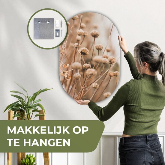 Mur ovale 60x90 cm - Mur Fleurs séchées - Beige - Fleurs - Nature - Décoration murale plastique - Tableau ovale - Décoration murale salon - Peintures - Forme miroir ovale sur plastique