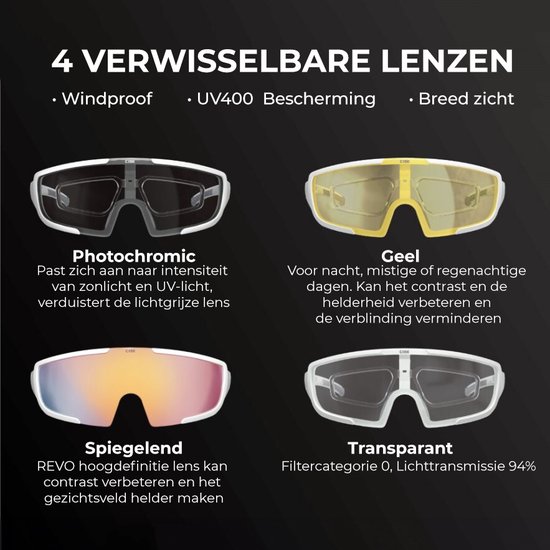 Rockbros Gepolariseerde fietsbril met 4 verwisselbare glazen, sport-UV400-bescherming, zonnebril voor hardlopen, vissen, fietsen voor heren en dames