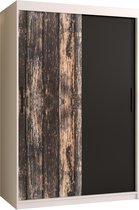 Zweefdeurkast Kledingkast met 2 schuifdeuren Garderobekast slaapkamerkast Kledingstang met planken (LxHxP): 120x200x62 cm - PASTEUR (Wit + oud houtpatroon, 120)