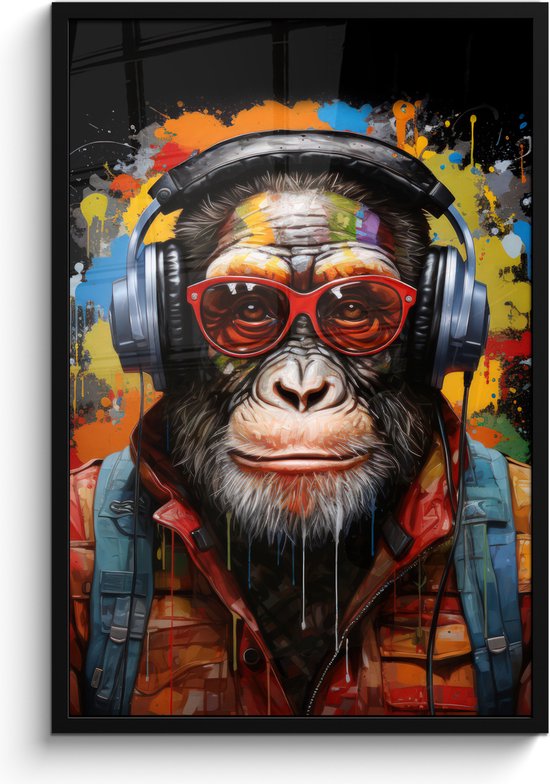 Fotolijst incl. Poster - Chimpansee - Aap - dieren - Graffiti - Bril - Koptelefoon - Kleuren - 60x90 cm - Posterlijst