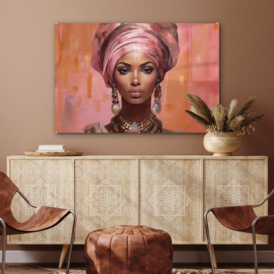 MuchoWow® Peinture sur verre 120x80 cm - Peinture sur verre acrylique - Art - Femme - Rose - Bijoux - Portrait - Photo sur verre - Décoration murale salon - Décoration murale chambre - Peintures