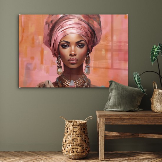 MuchoWow® Peinture sur verre 120x80 cm - Peinture sur verre acrylique - Art - Femme - Rose - Bijoux - Portrait - Photo sur verre - Décoration murale salon - Décoration murale chambre - Peintures