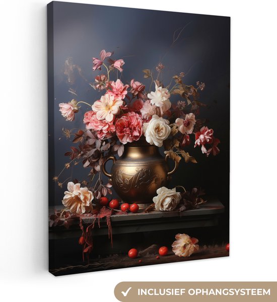 Canvas schilderij 30x40 cm - Stilleven met bloemen - Kamer decoratie accessoires - Schilderijen woonkamer - Wanddecoratie slaapkamer - Muurdecoratie keuken - Wanddoek interieur binnen - Roze woondecoratie huis - Boeket bloemen