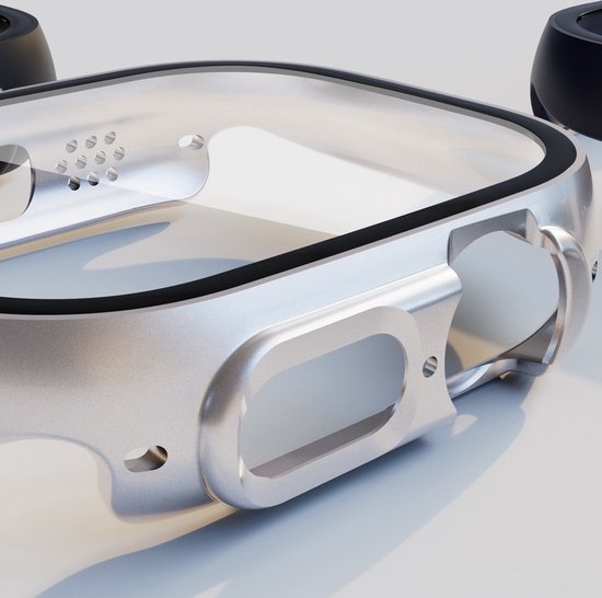 Detailopname zilverkleurige smartwatch beschermhoes met zwarte rand, geschikt voor Apple Watch Ultra/Ultra 2 (49mm).