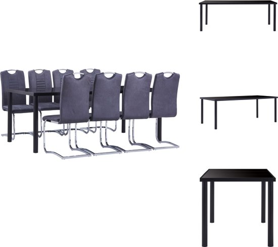 vidaXL Eetset Zwarte tafel 200x100x75 cm - Gehard glas en metaal - Grijs kunstsuède - 8 tuinstoelen - Met handvat - Set tafel en stoelen