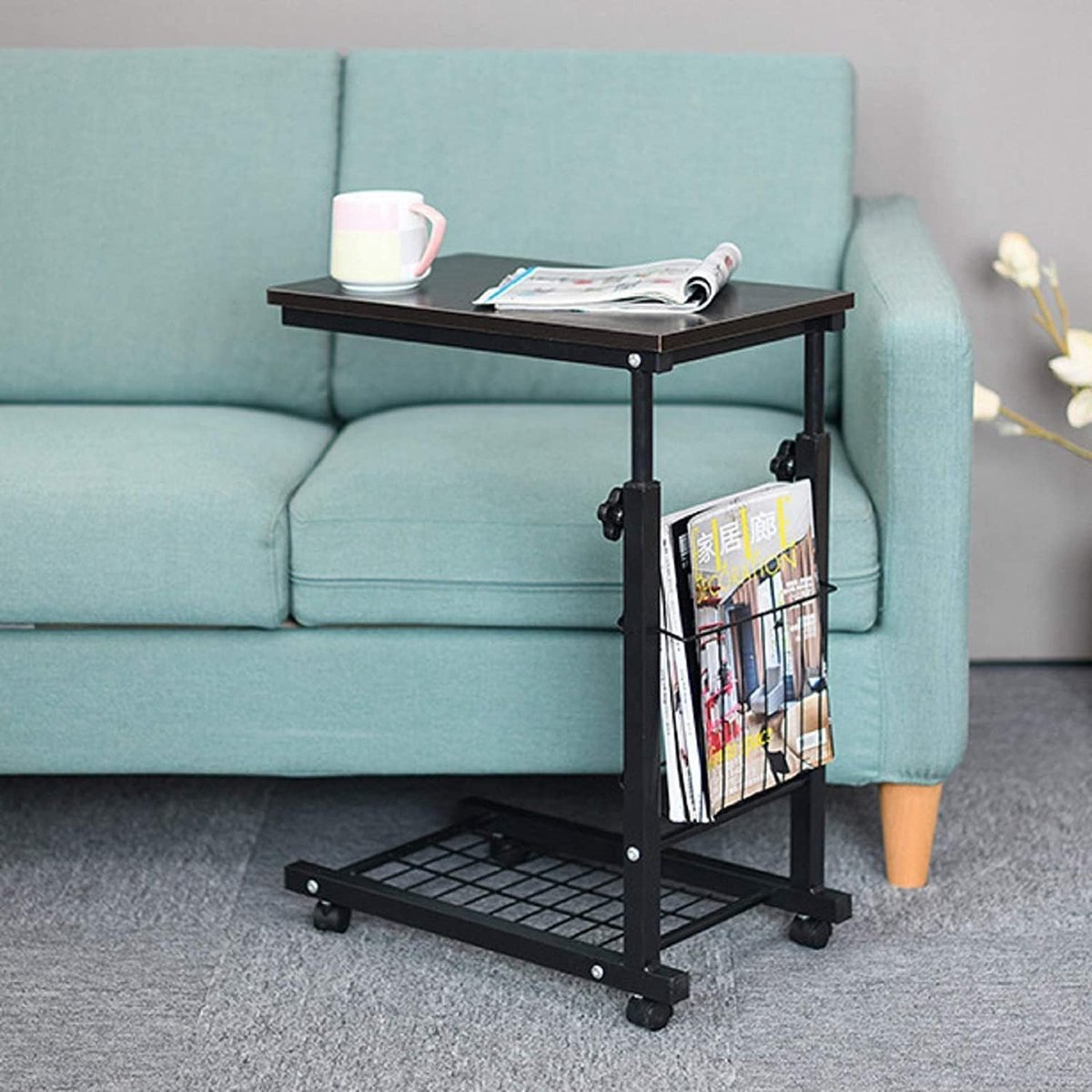 Moderne C-vormige bijzettafel met in hoogte verstelbare 360° draaibare wielen, kleine salontafel voor woonkamer, slaapkamer, balkon, bank, bijzettafel voor ultiem gemak