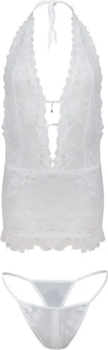 Goedkoopste Verleidelijke lingerie set uit kant - kanten chemise en string - DKaren Hailey set - wit M
