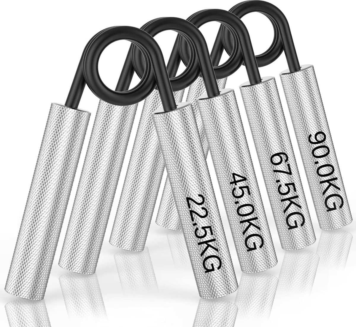 Handtrainer, onderarmtrainer, set van 4 of 6 stuks, 22,5 kg, 157,5 kg, metalen vingertrainer, antislip gripkrachttrainer, zeer belastbare handgreep voor spieropbouw en handrevalidatieoefeningen