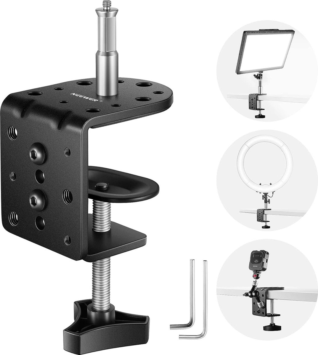 Bol.com Neewer® - Robuuste C Tafelklem met Lichtstandaard Bevestigingspaal, Verstelbare Metalen Tafelklem met 1/4" 3/8" Schroefd... aanbieding