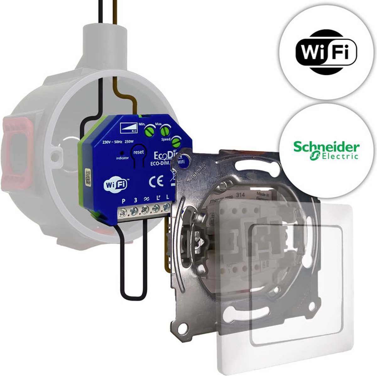 Schneider Merten led tastdimmer WiFi 0-200W, inbouw, kleine inbouwdiepte, 2-draads en 3-draads, ECO-DIM.10 + Schneider Merten pulsdrukker