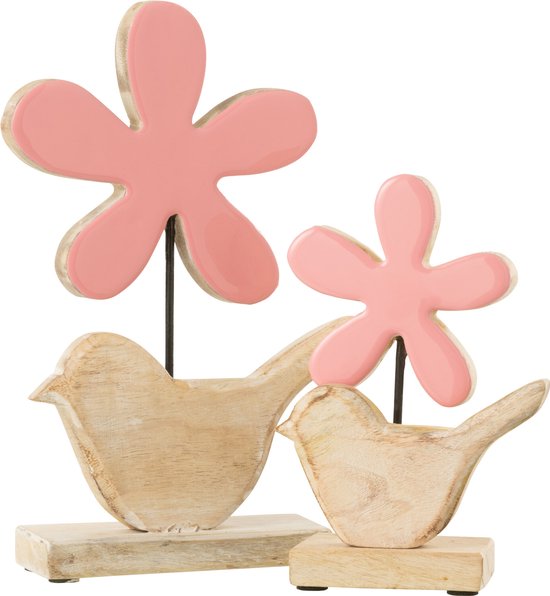 J-Line decoratie Vogel Met Bloem - hout - roze - large