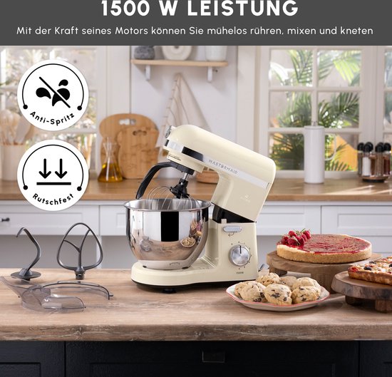 Karaca Mastermaid Chef Pro Dubbelarmige Keukenchef 1500W Zachte Room, Glanzende Room, 1500W, 5 L Mixer, Keukenmachine, Snelheidsinstelling, Deeghaak, Kloppen, Kneden en mengen van Karaca — afbeelding 5