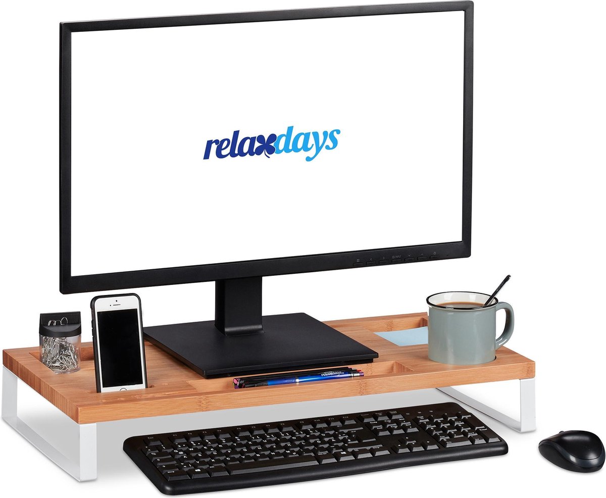 Relaxdays Monitorstandaard - monitorverhoger - bamboe - beeldschermverhoger - organizer